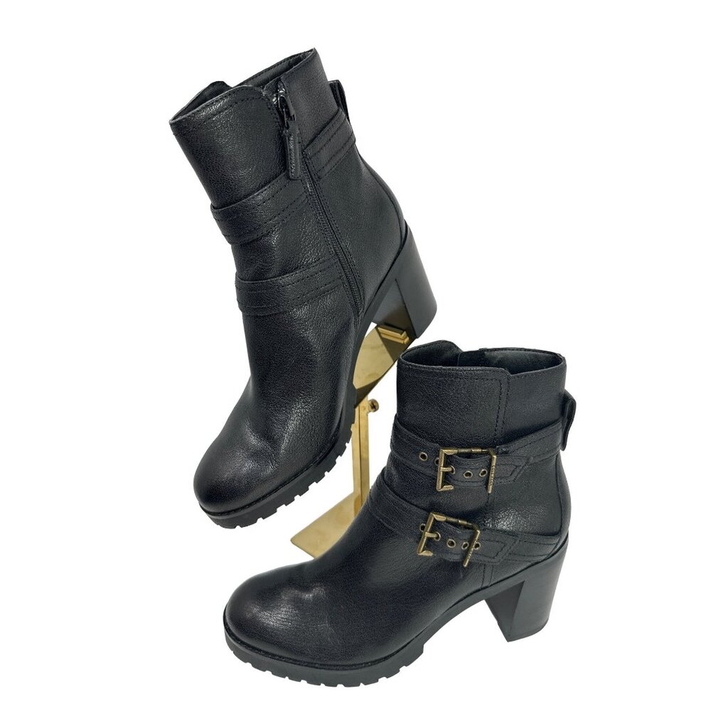 Cole Haan Foster Size 9.5 Leather Double Buckle Block Heel Booties Zip